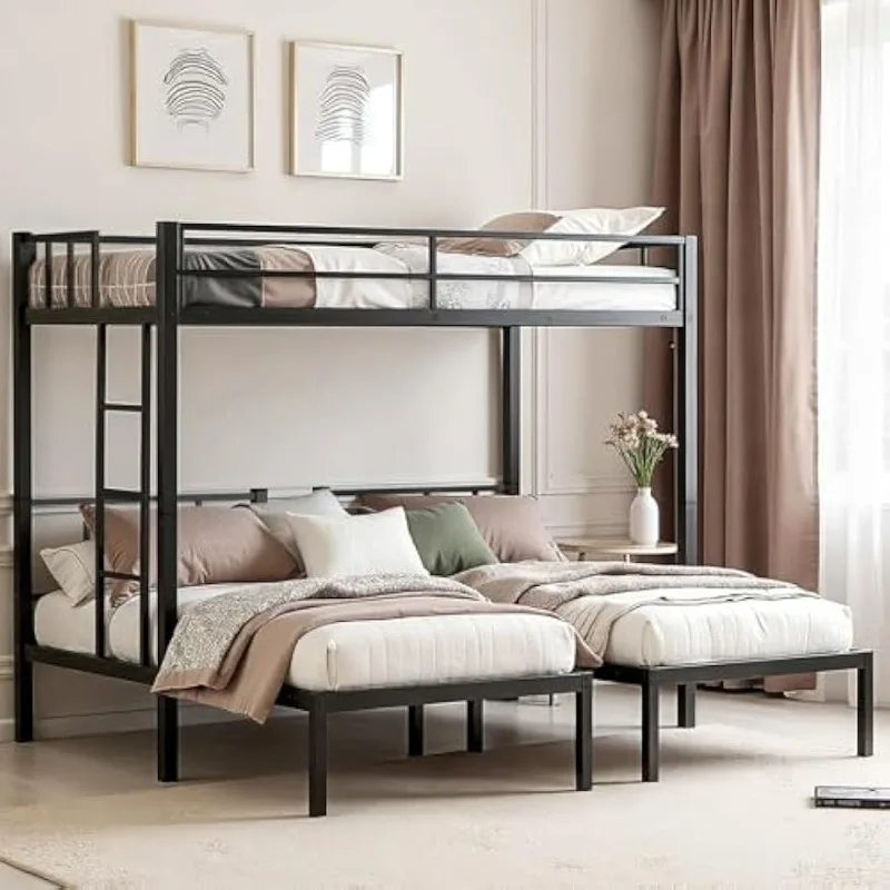 

Duty Triple Bunk Bed, Twin Over Twin Over Twin with Guardrails and Ladder, Metal Bunk Bed for 3, 3 Bed Teens and Adults, N