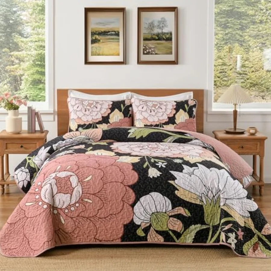 Quilt Set Size 3 Pieces Floral Boho Bedspread Coverlet Set Soft Microfiber Farmhouse Floral Quilted Bedding Set Reversible Bed