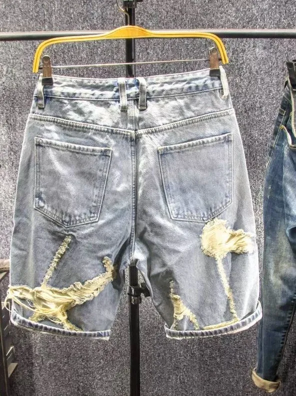 American High Street Style Men's Short Jeans Summer Wear Faded Hole Repair Program Straight Leg mid Waist Zipper Fly Casual J...