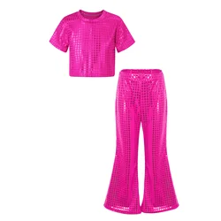 Kids Girls Shiny Metallic Jazz Hip Hop Dance Costume Short Sleeve Crop Top with Flared Pants for Disco Party Stage Performance