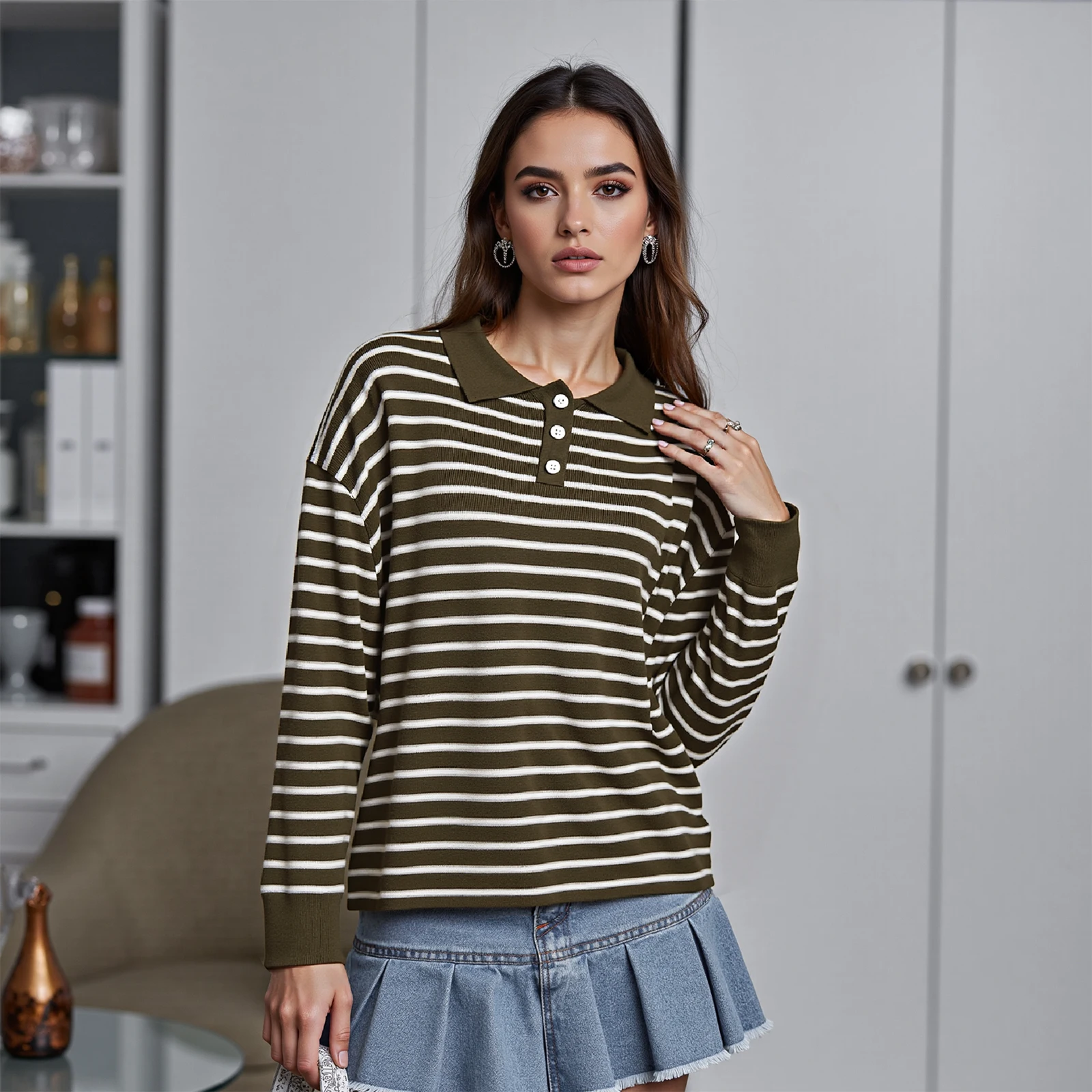 Women's Striped Collared Sweater Loose Long Sleeve Pullover Knit Tops Casual Winter Fall Clothes Warmer Pullovers