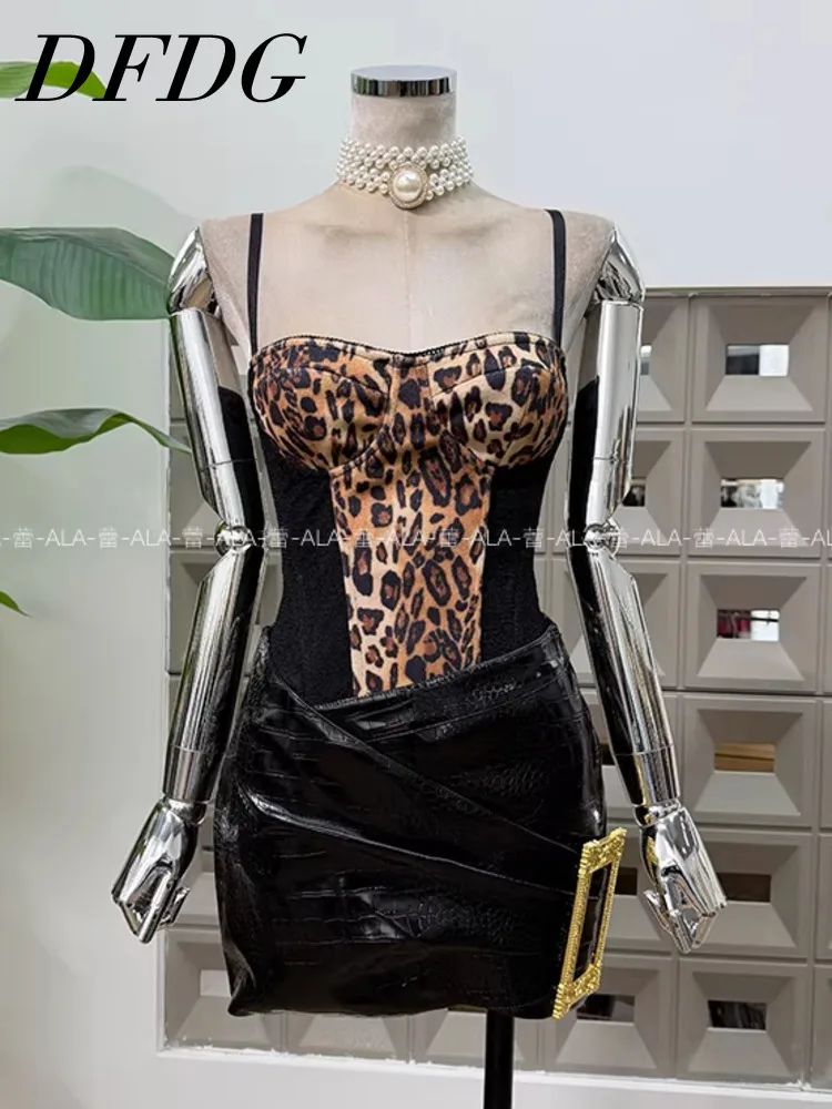 

DFDG Women's 2025 Spring Summer Design Y2K 2-Piece Set Niche Plaid Crop Top PU Faux Print Hot Pants Sexy Temperament Outfit Set