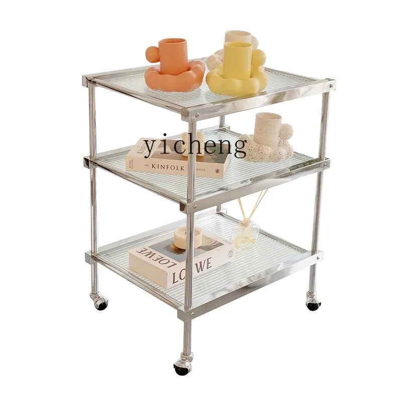 cz-11 Living Room Small Coffee Table Stainless Steel Glass Trolley Storage Rack Side Table Small Apartment Snack Cart