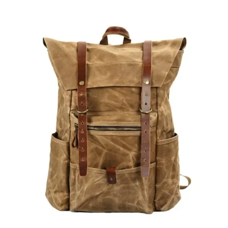 Muchuan Vintage Waterproof Backpack Wax Washed Canvas Spliced Leather Backpack Outdoor Travel Mountaineering Backpack