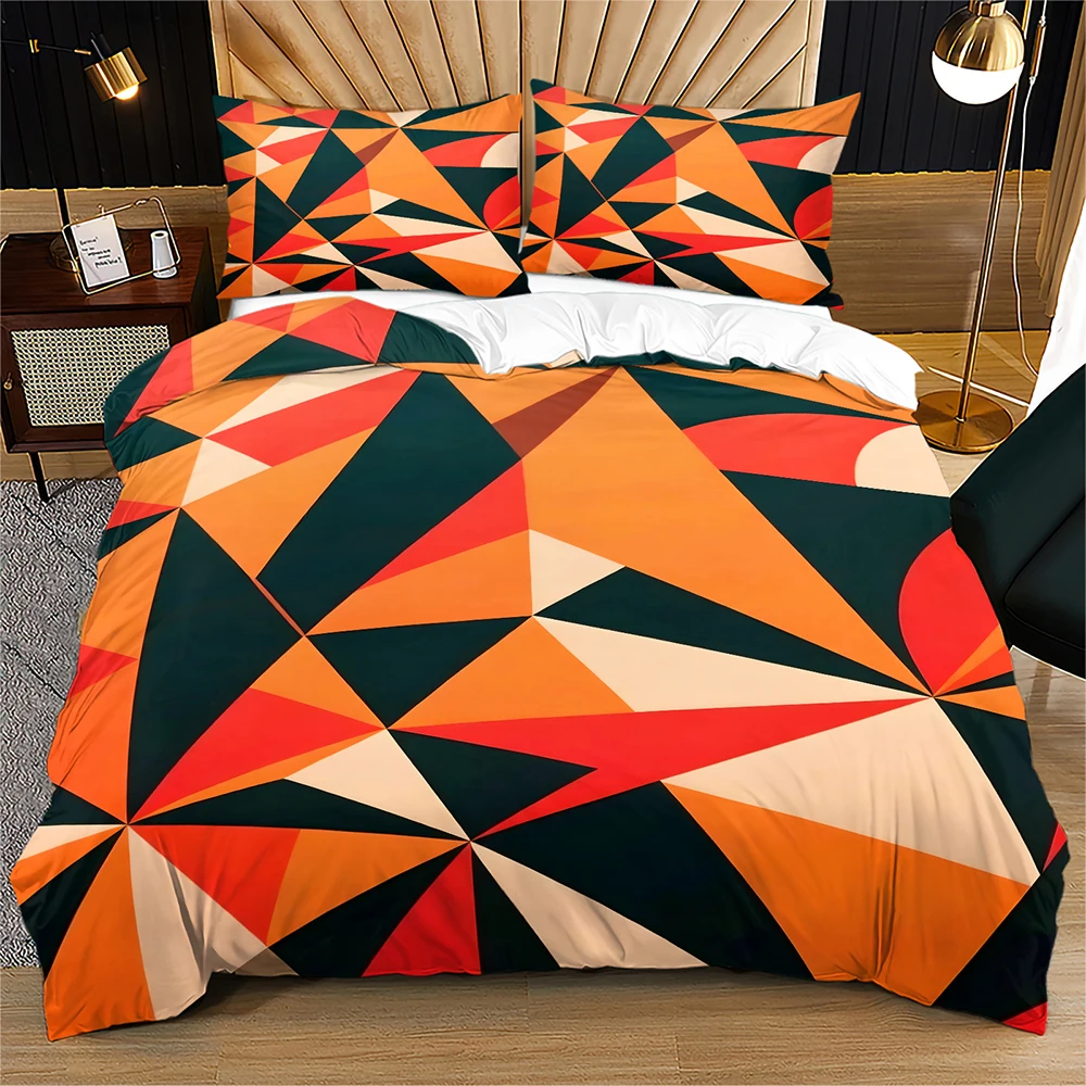 Mid Century Modern Geometric Duvet Cover Set Orange Red Dark Green Triangle Abstract Bedding Set Color Block Retro Quilt Cover