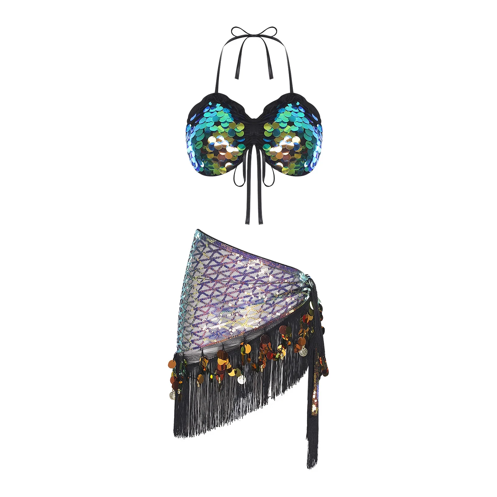 

Womens Belly Dance Outfits 2-piece Halter Lace-up Crop Top And Sequin Tassel Triangle Hip Scarf Hip Wrap for India Dancing Shows