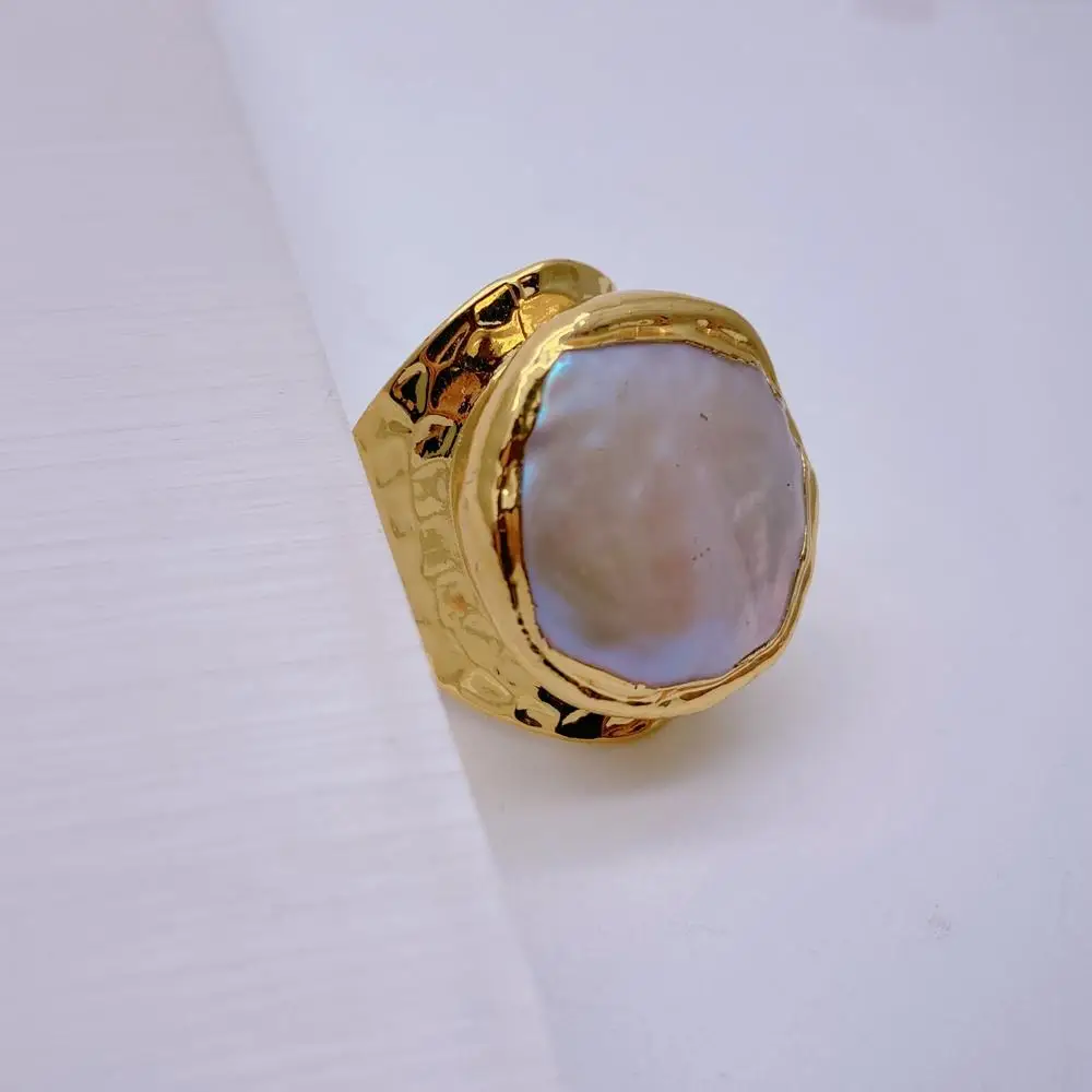 Y·YING Cultured White Baroque Pearl Gold Plated Finger Ring Adjustable Rings For Women Jewelry