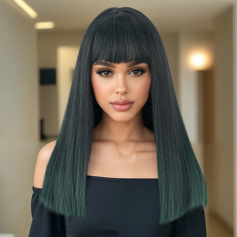 Women's Black Gradient Dark Green Synthetic Wig
