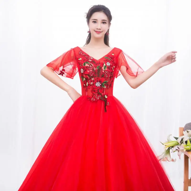 Vestido De quinceañeras rojo, traje clásico con cuello en V, elegante hasta el suelo, encaje Floral, talla grande, hecho a medida