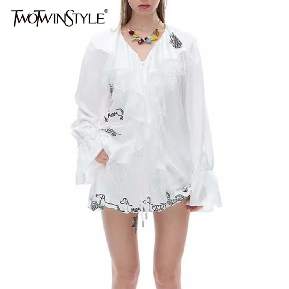 

TWOTWINSTYLE Hit Color Loose Two Piece Set for Women V Neck Long Sleeve Blouses High Waist Skirt Sets Female New