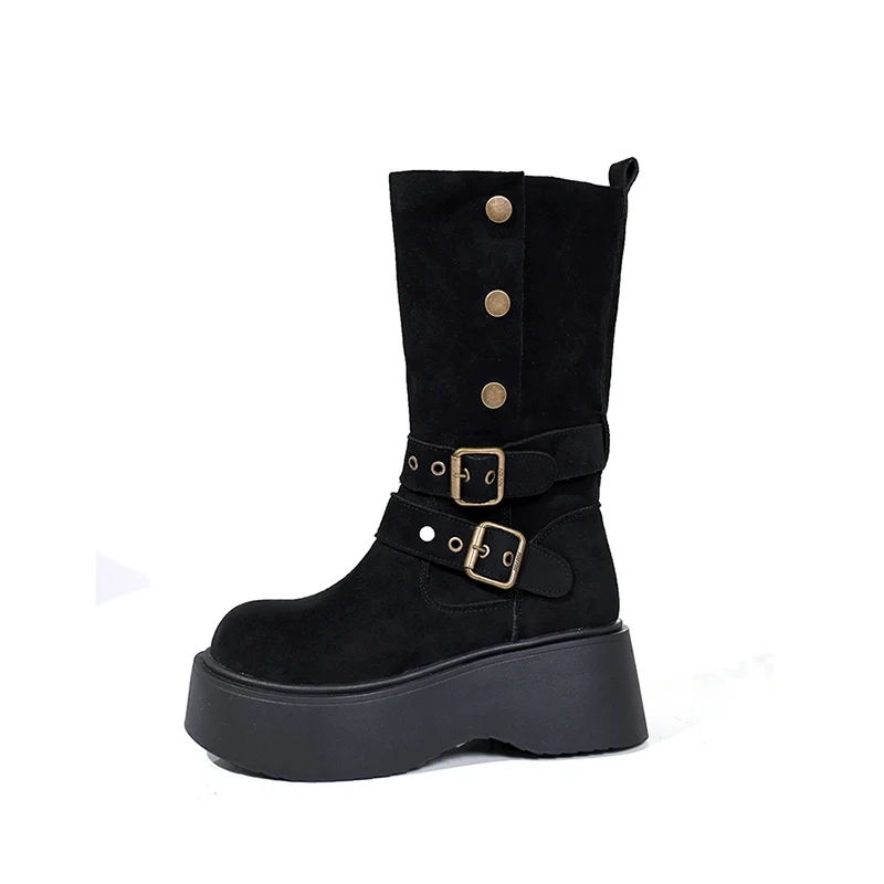 منتصف العجل النساء الأحذية أحذية منصة مسطحة تشيلسي الأحذية 2025 الشتاء مشبك أحذية مشي غير رسمية الجلد المدبوغ الثلوج بوتاس موهير Zapatos