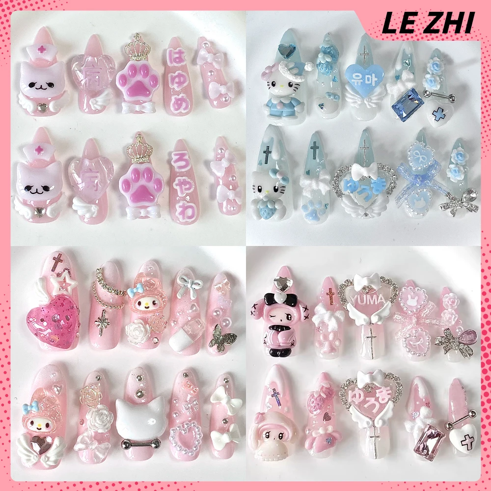 

Japanese Cartoon Hello Kitty My Melody Kuromi Handmade Long Almonds Fake Nail Kawaii Bow Flower Pearl Wing Cat Paw Press On Nail