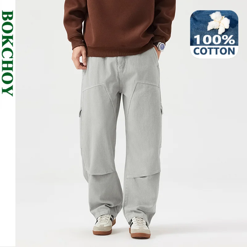 2026 Autumn New Straight Casual Cargo 100% Cotton Pants for Men Clothing Multi-pockets Outdoor Loose Trousers GF258316