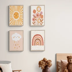Colorful Rainbow Sun Cloud flower Poster Prints Wall Art Boho Style Canvas Painting for Child Nursery Decoration Girl Room Art