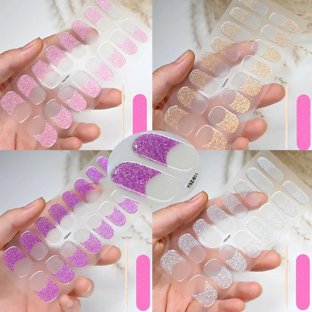 16 Tips/Sheet French Semi Cured Gel Nail Strip Sticker UV/LED Lamp Cured Glitter Nail Gel Polish Wraps Full Cover Nail Decals