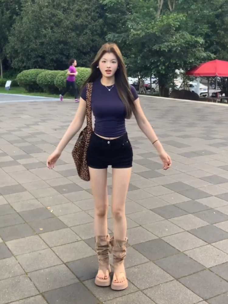 Retro Amerykańskie Jeansowe Szorty Damskie z Wysokim Stanem Wyszczuplające Uniwersalne Spodnie w Kształcie Litery A z Prostymi Szerokimi Nogawkami Hot Girls Shorts