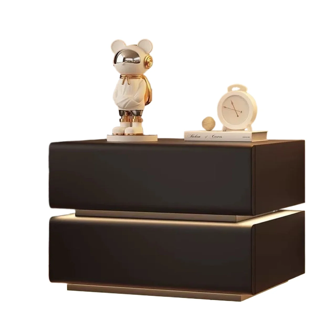 Faux Leather Bedroom Nightstand with Sensor Light Modern Style Storage Cabinet Creative Solid Wood 2 Drawers Bedside Table