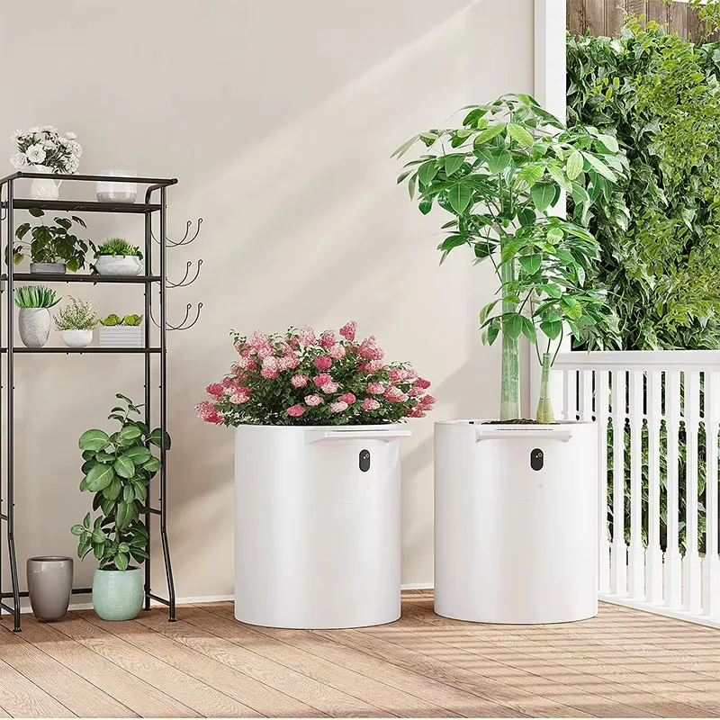 Custom stainless steel powder coated eco-friendly modern cylindrical intelligent automatic watering flower pot