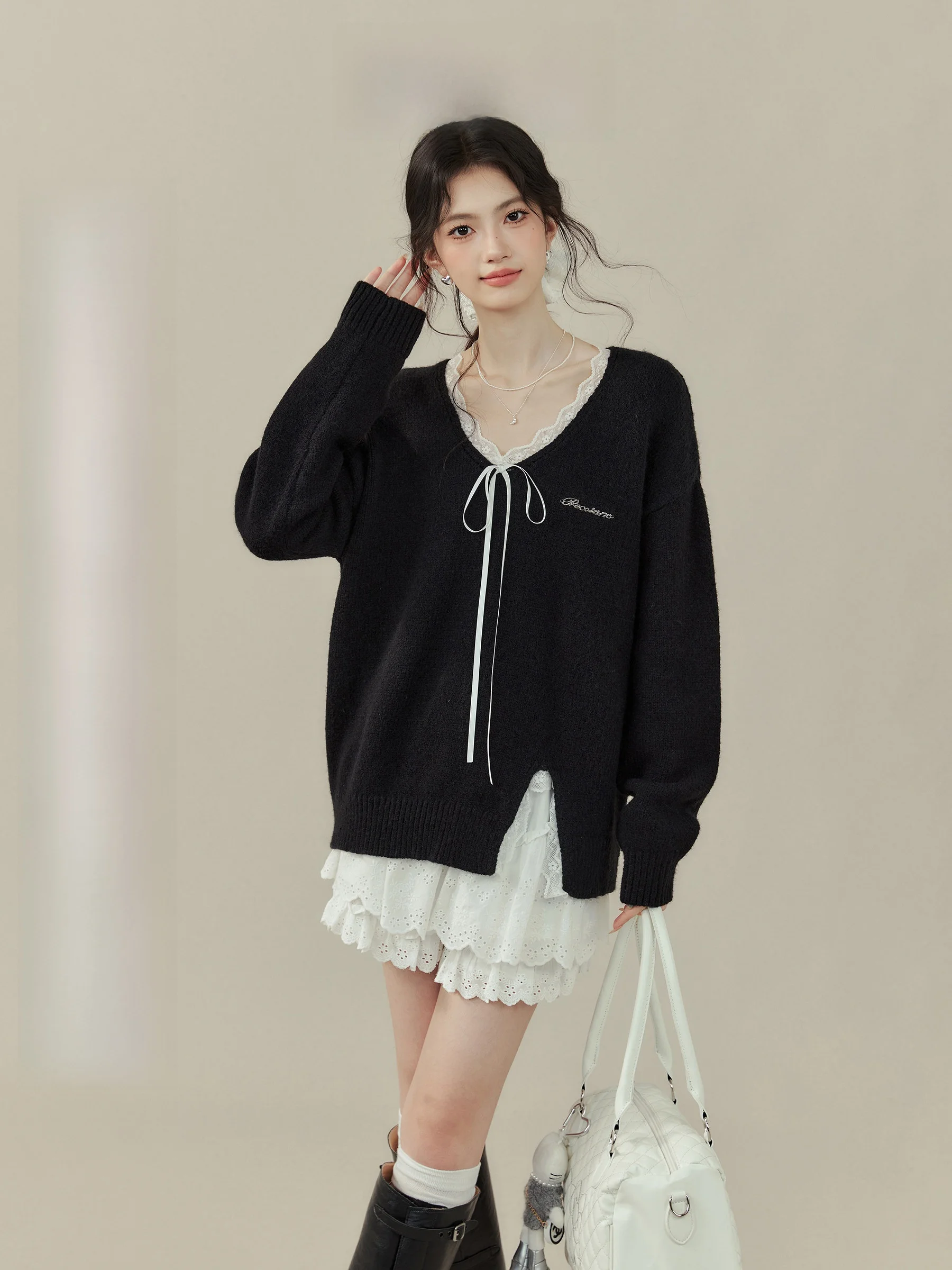 

Женский вязаный свитер Bla с v-образным вырезом и кружевным узлом, осенний модный еженедельный рубенс от Ou Yang Xi, теплый длинный свек