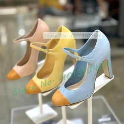 Patchwork Round Toe Block High Heel Pumps Women Fashion Luxury Cover Heel Front Strap Shoes Ladies Elegant Summer Big Size Pumps