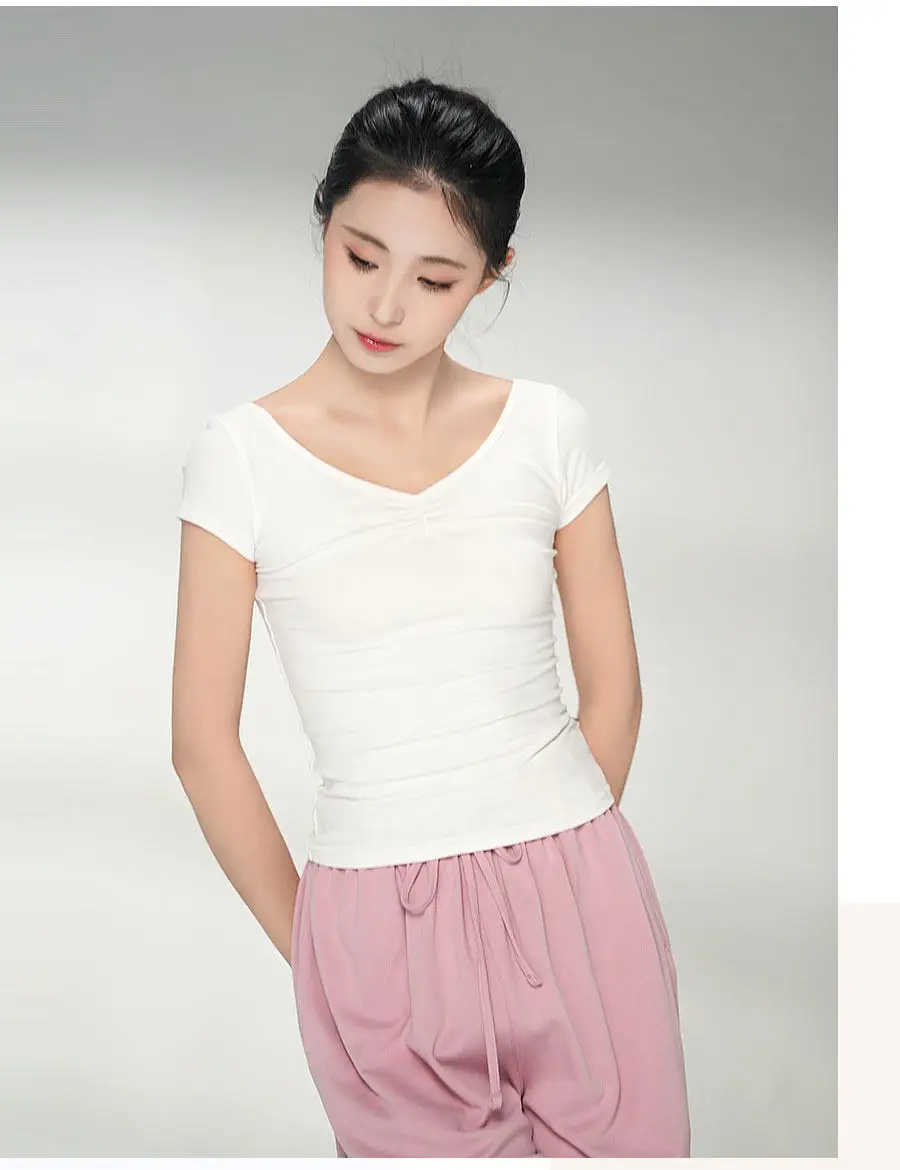 เสื้อยืดแขนสั้นคอวีสำหรับฝึกซ้อมเต้นรำฤดูร้อน เสื้อผ้าสำหรับฝึกซ้อมบัลเลต์สำหรับผู้หญิง ผู้ใหญ่ ใช้สำหรับสอบศิลปะและการฝึกพื้นฐาน