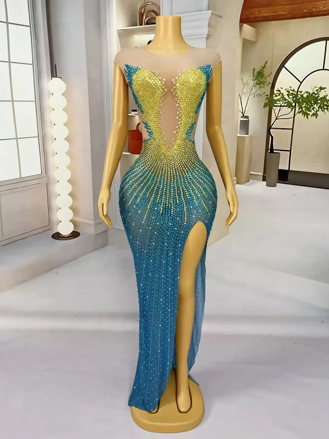 Sexy Special Designed Elegant Evening Gown Blingbling Rhinestones High Split Dress Birthday Party Outfit Performance Costume