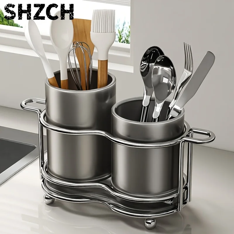 Silver Metal Utensil Rack, Wall Mounted 2-Compartment Organizer for Kitchen Tools, Cutlery Storage Holder with Frame