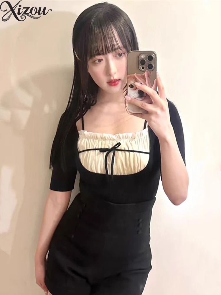 

2022, японский весенне-летний топ с квадратным воротником, эластичный тонкий вязаный свитер с короткими рукавами, плиссированный пуловер с рюшами и шнуровкой