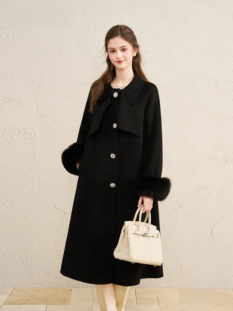 

Двустороннее шерстяное пальто Ele для женщин с бантом на лямках, высококачественное, модное, теплое, длинное, средней длины