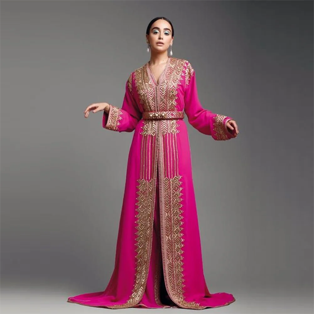 Laxsesu-Robe de soirée caftan marocain, rouge rose, manches longues, Arabie saoudite, robes de Rh, appliques en dentelle, robe de mariée, 2022