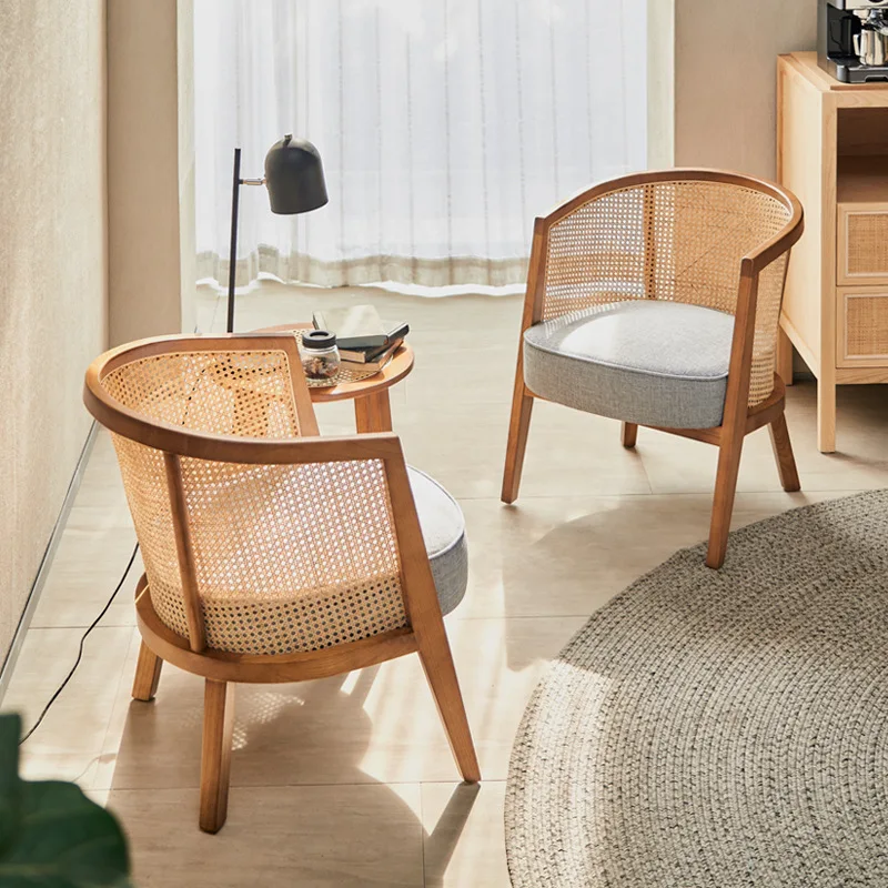 

Modern home living room leisure sofa chair Nordic solid wood single rattan chair balcony rattan table and