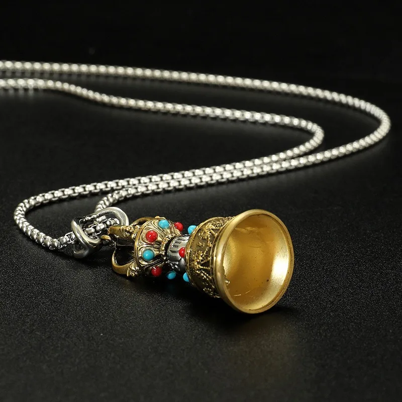 New Tibetan Retro Style Colored Gems Ceremony Bell Pendant Tibet Automobile Hanging Ornament Cross Vajry Pestle Pendant Pendant