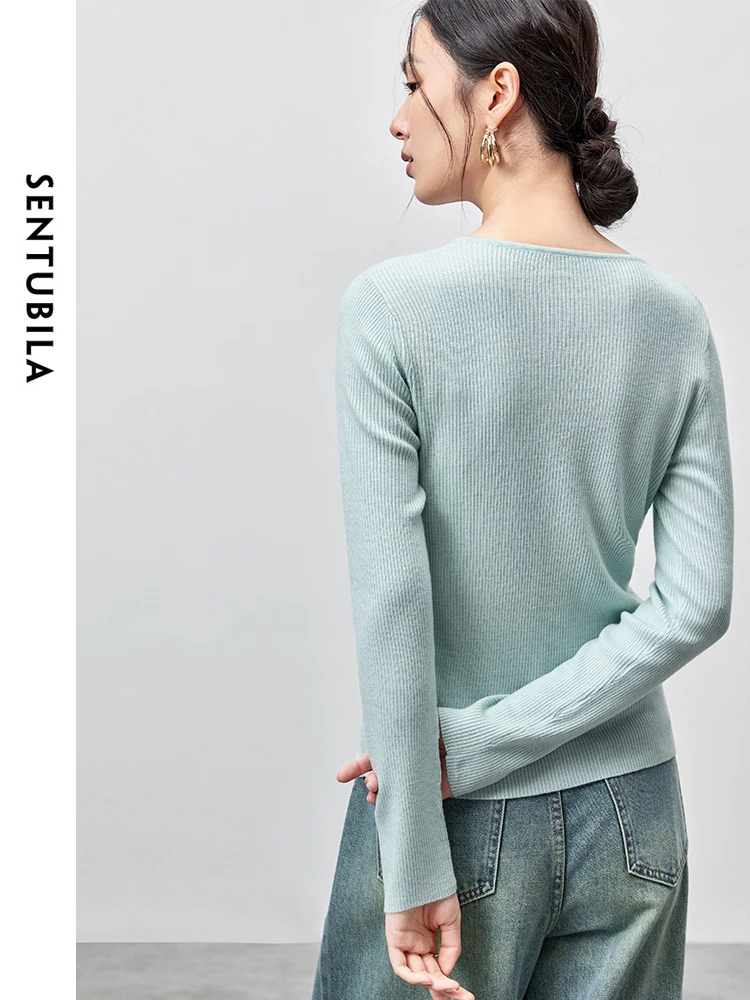 SENTUBILA Slim Fit Wool Knitted Pullovers for Women 2024 Autumn Retro Metal Button Round Neck Simple Women Top W43H56370