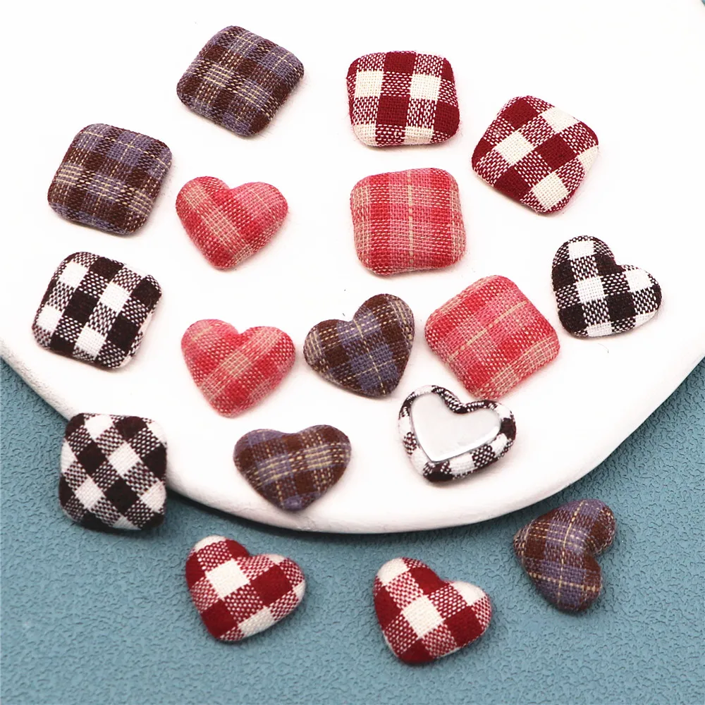 30pcs Plaid Fabric Covered Heart/Square Flatback Cabochons for Bag Cloth Patch Earrings Hairpin Jewelry DIY Accessories