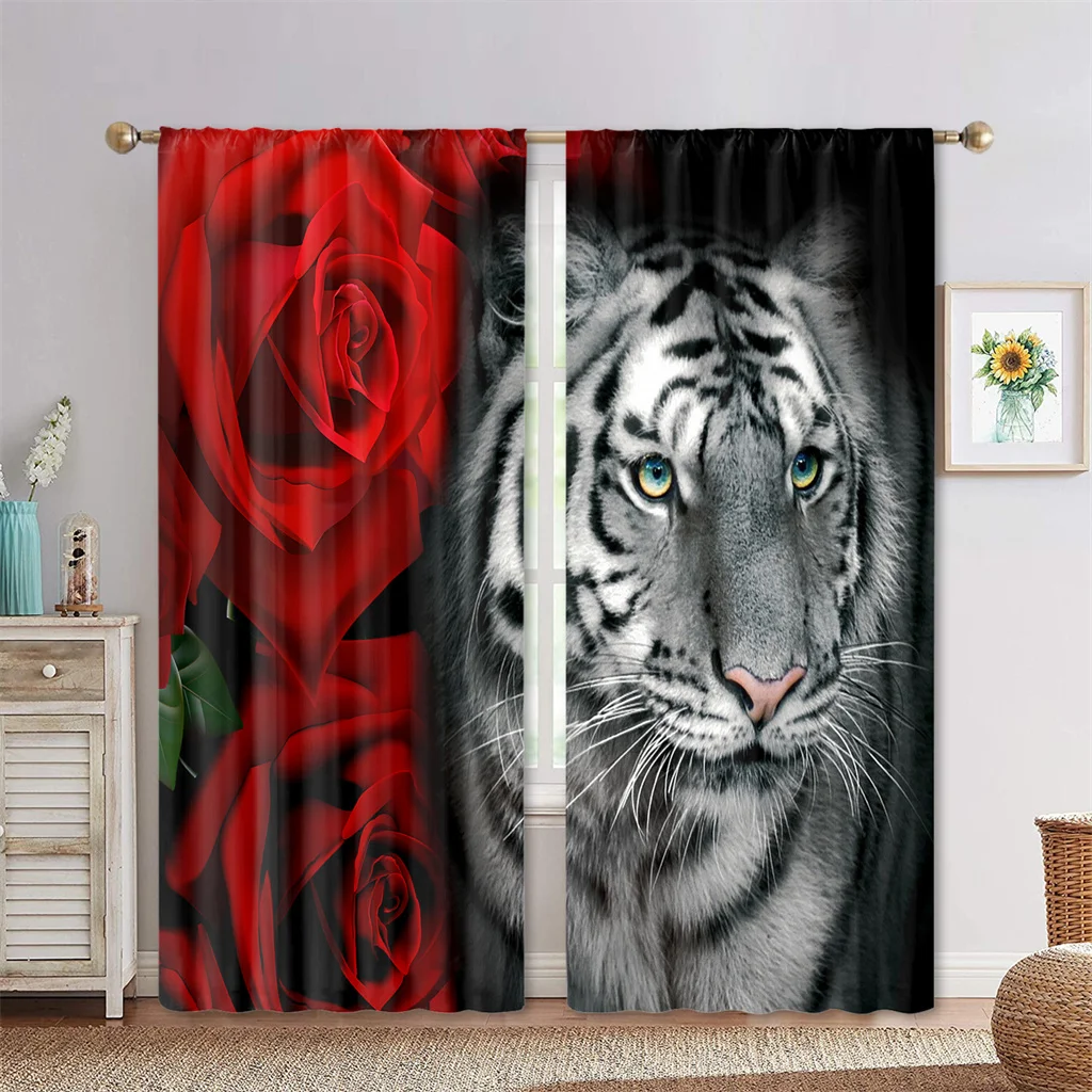 Red Rose Leopard Tiger Luxury 3D Digital Printing Thin Window Blinds Curtains For KidsBedroom Living Room Cupboard Door 2 Panels