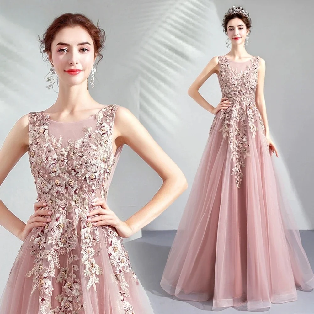 

Luxury Pink Tulle Evening Gown 2025 Elegant Floral Appliqué Bridal Party Guest Wedding Dress with Beaded Details Customized