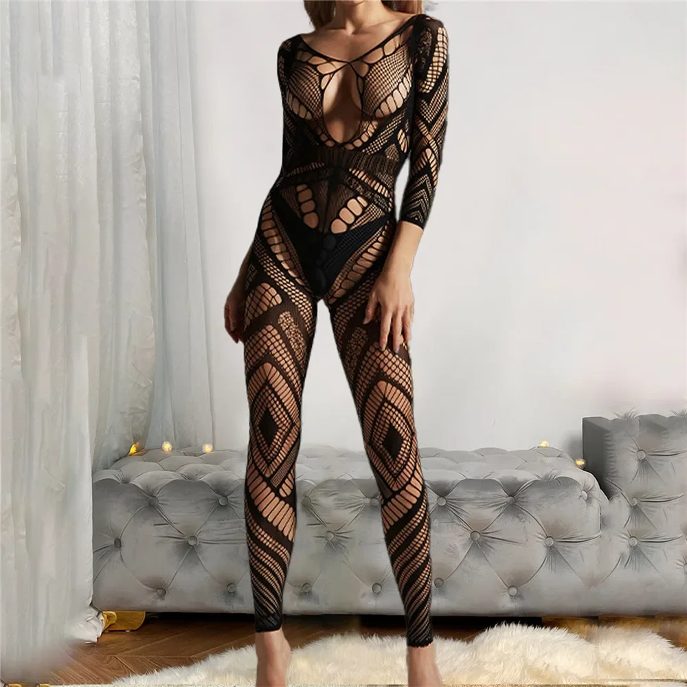 Combinaisons en maille noire pour femmes, vêtements pour femmes, barboteuses, entrejambe ouvert, lingerie sexy, body en peluche, pantalon sexuel chaud