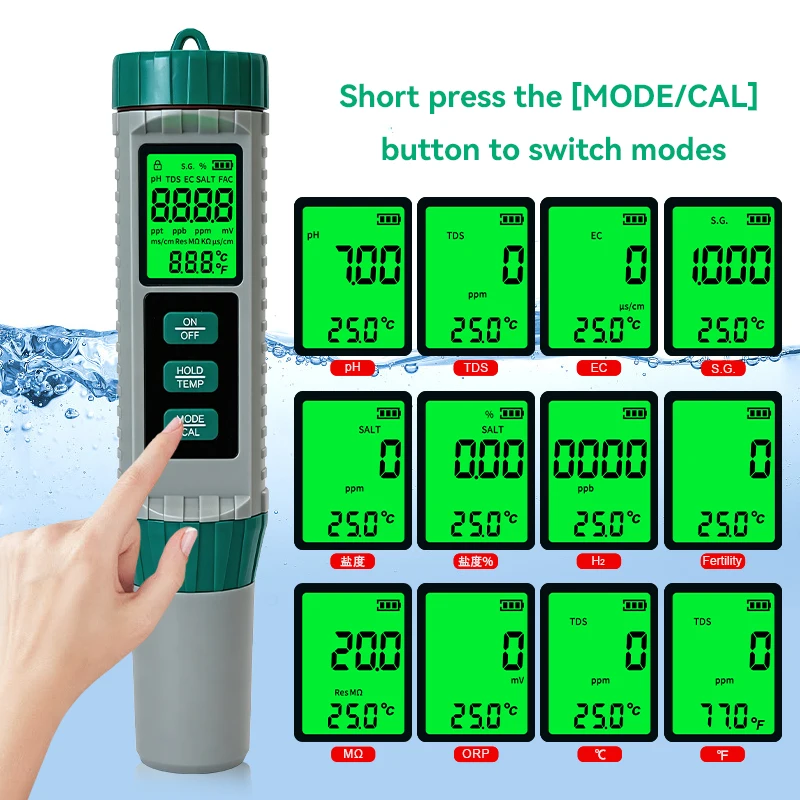 Digital PH Meter 10 in 1 Water Quality Monitor Ph TDS Ec Salinity ORP H2 S.G Fertility MΩ Temp Meter For Aquarium Hydroponics