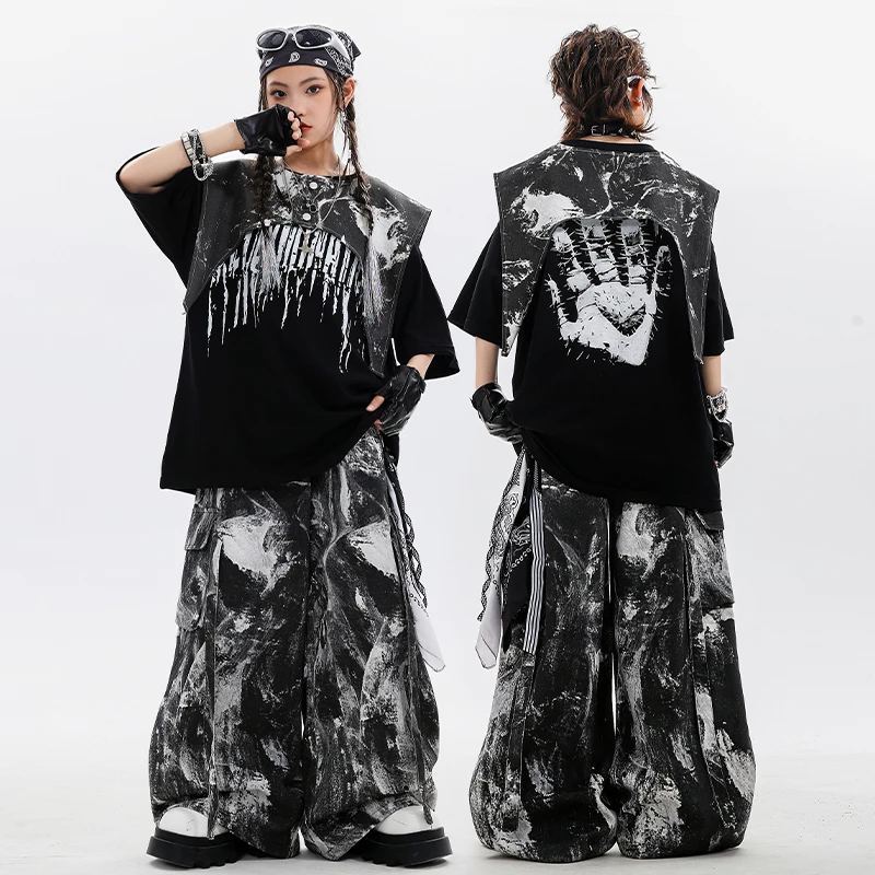 Kids Hip Hop Clothing Sets Gradient Color Short Sleeve T-shirt + Pants Boys Street Dance Costumes Girls Jazz Performance Suit