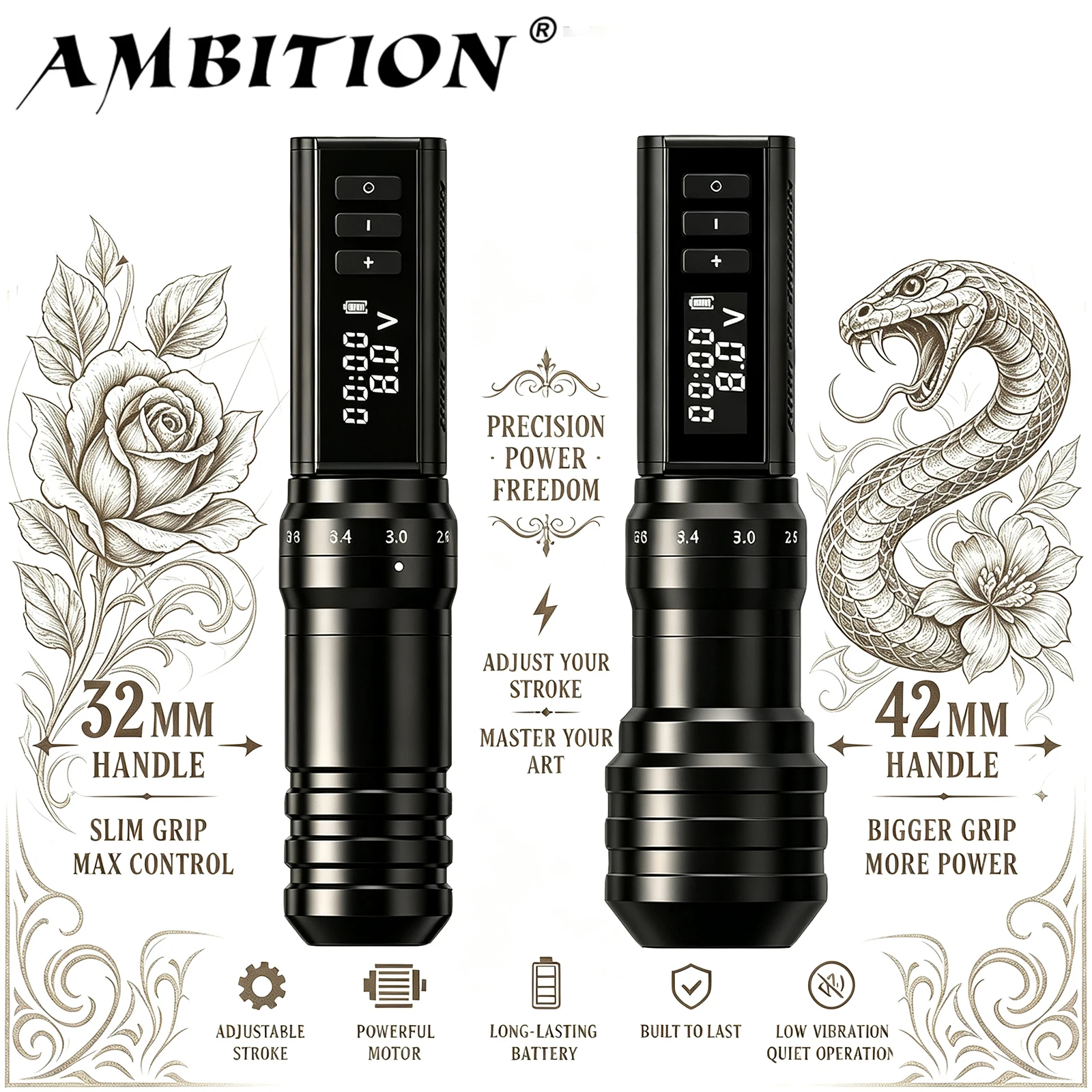 Stylo de tatouage sans fil professionnel Ambition Hunter Max 2.2-4.2mm à course réglable, batterie 2400 mAh avec poignée 32mm+42mm pour l'art corporel