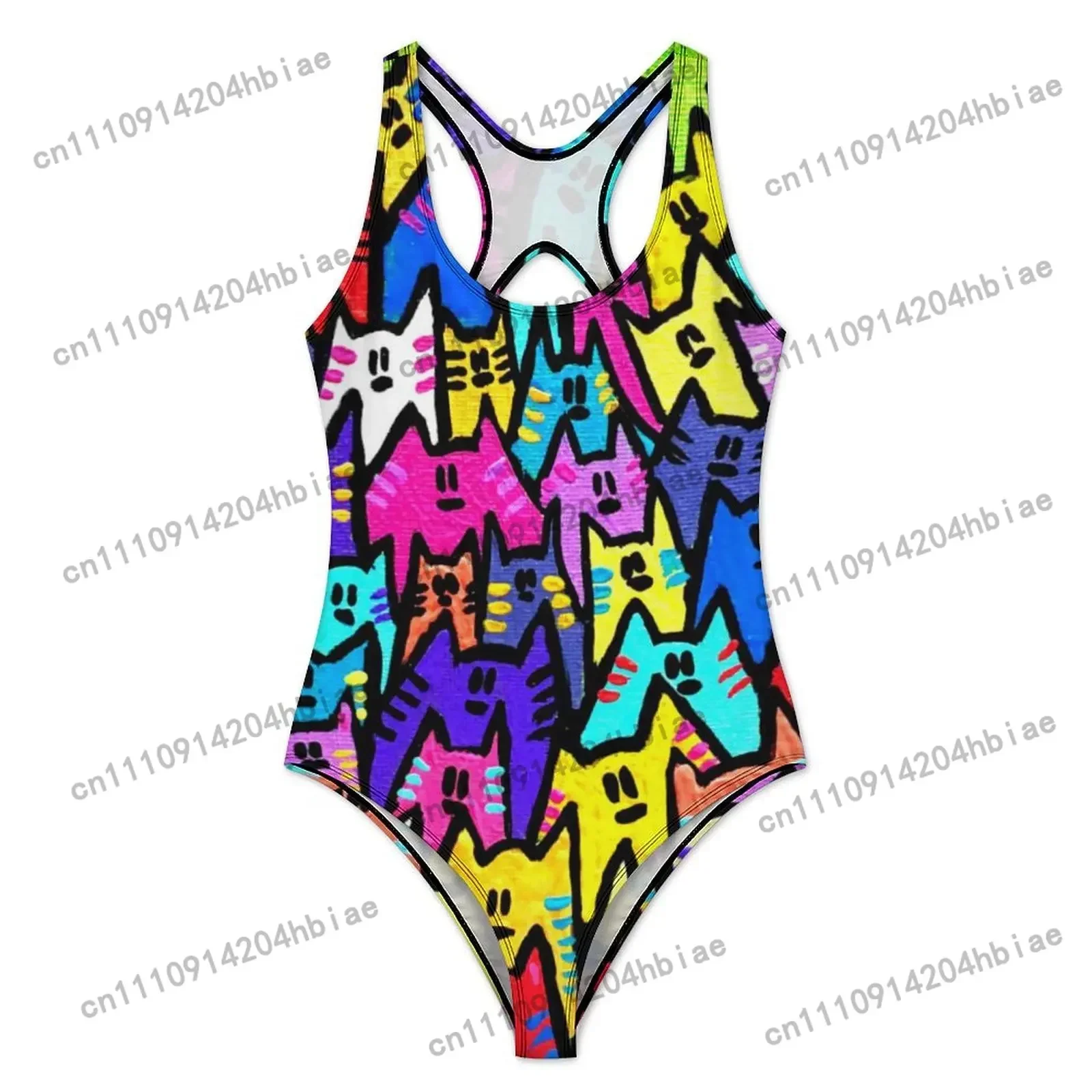 Funny Cat Swimsuit Colorful Cats Pop Art Swimwear One-Piece Fitness Bodysuit Cut Out Bathing Suits Ladies Push Up Sexy Beachwear