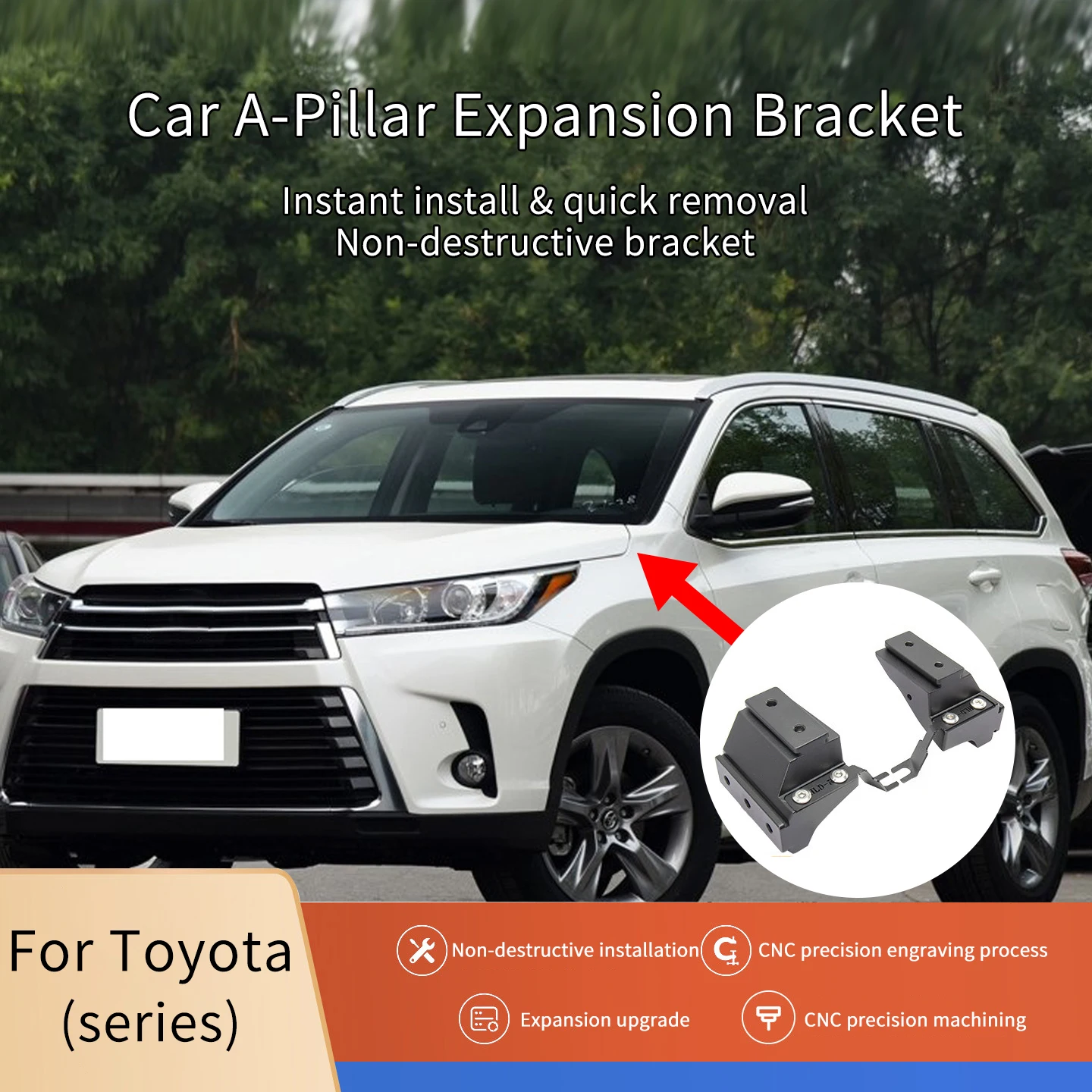 Quick-release A-pillar and hood expansion spotlight bracket for Toyota Highlander (2017–2021 models) made of aluminum alloy