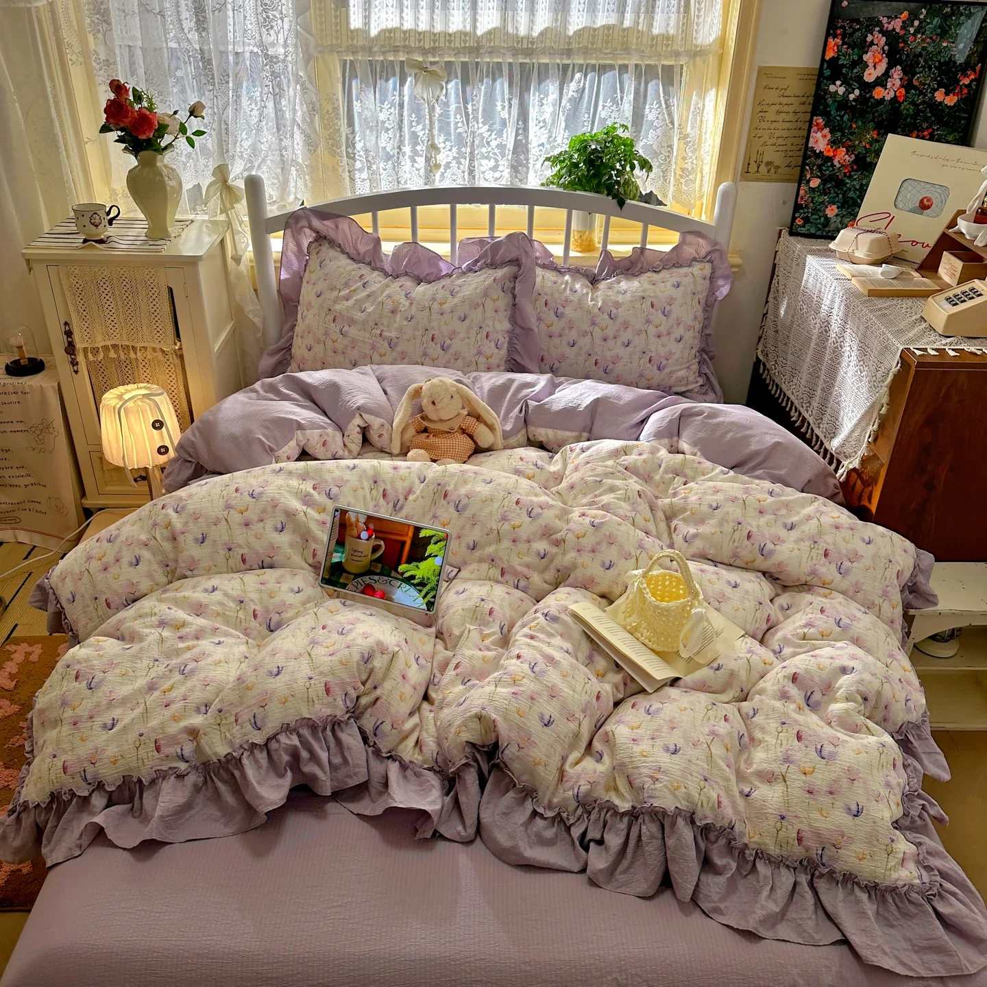 Floral print Korean Style Princess Ruffle Bedding Set Duvet Cover Set Washed Cotton Flat Sheet set Queen For Girl Decor Home