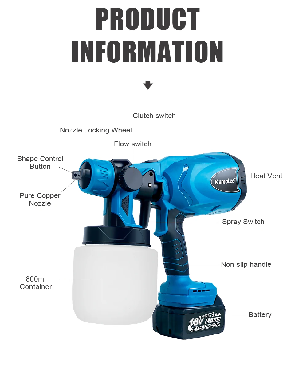Kamolee 800ml Elektrische Sprühpistole Kabellos Haushalts-Sprühgerät für Farbe, Wasser, Desinfektion und Insektenbekämpfung Tragbares Sprühgerät – Detail 12