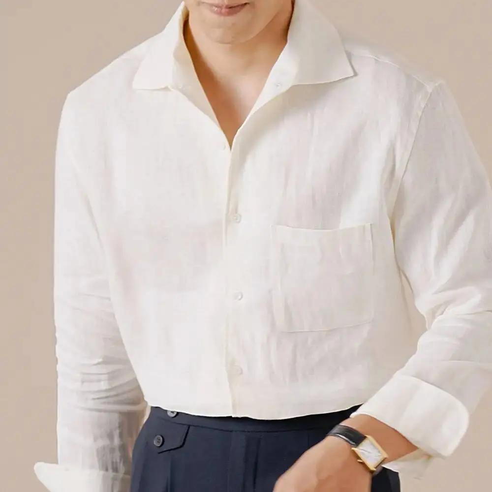 Spring And Autumn Camisa Social Masculina Italian Style Pure Linen Breathable Shirt Men's Casual Business Solid Color Commuting