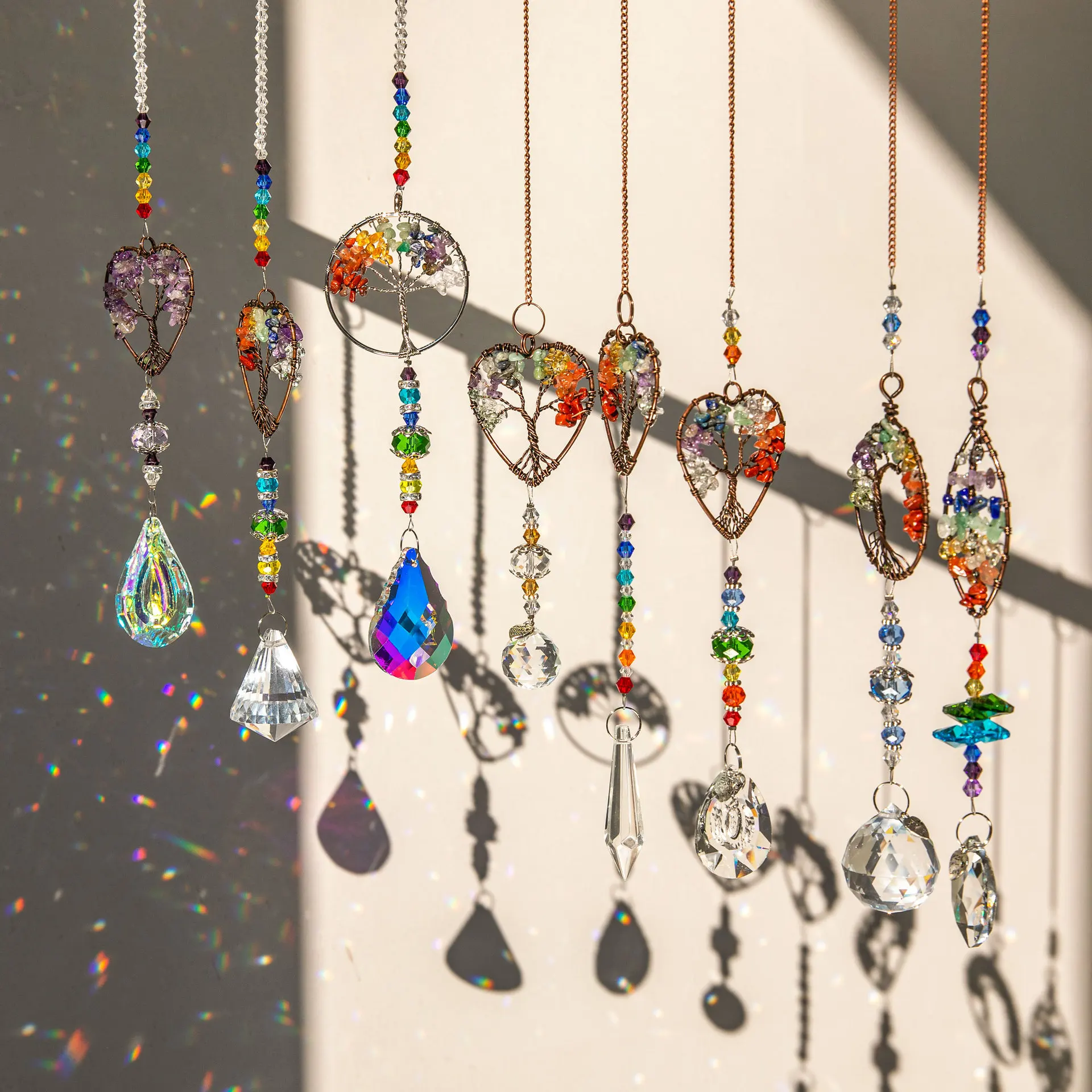 

Crystals Wind Chime Suncatcher Golden Trees Pendant Rainbow Prism Stained Glass Ornament Chakras Crafts Home Garden Decor