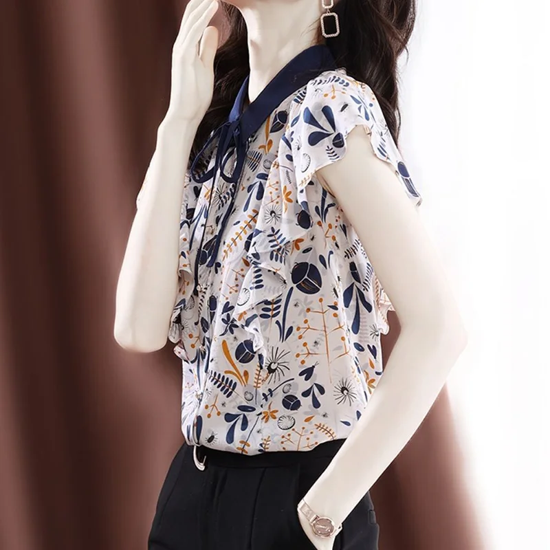 Elegant Ruffles Lace Up Printed Shirt Woman Clothing 2024 Fashion Office Lady Commuter Loose Oversized Button Sleeveless Blouse