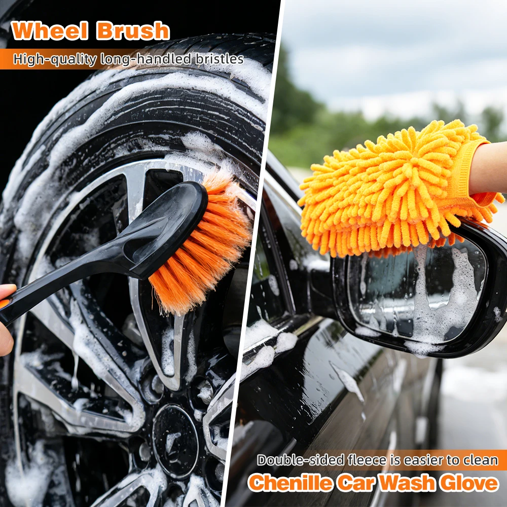 6-in-1 Car Wash Cleaning Kit, Telescopic Pole Window Cleaner 12FT with Squeegee Duster Tire Brush & Wash Mitt