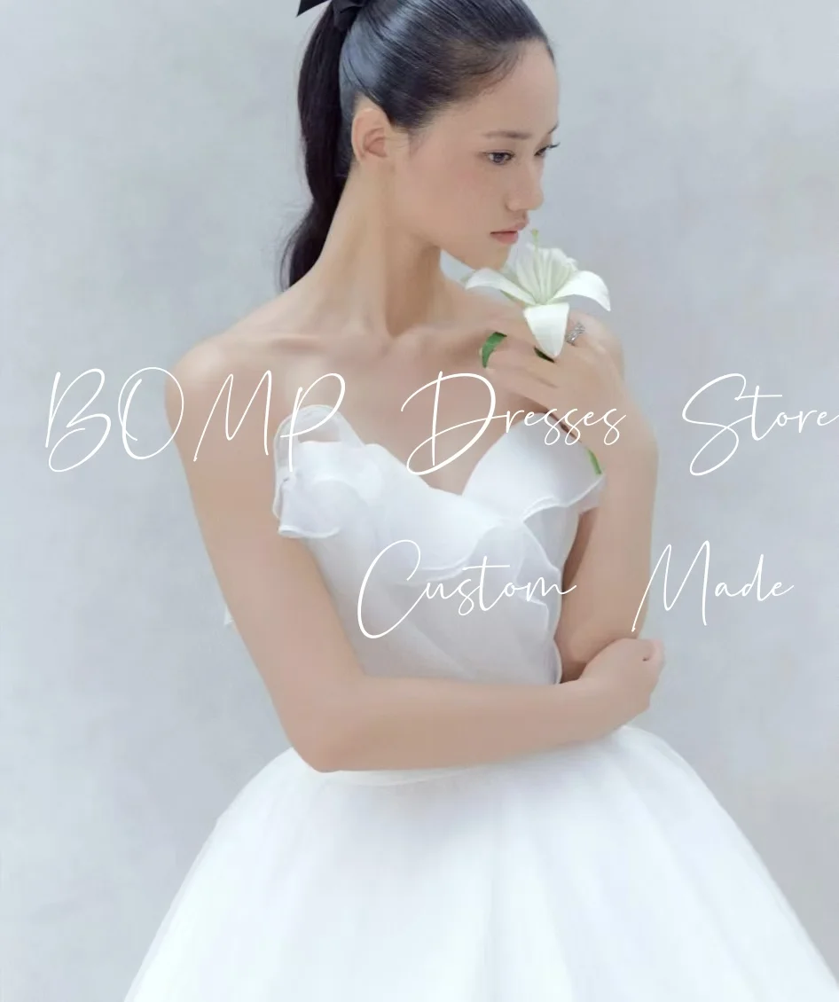 BOMP 우아한 화이트 웨딩 파티 드레스 연인 A 라인 바닥 길이 Organza 한국 사진 촬영 신부 리셉션 가운 맞춤형
