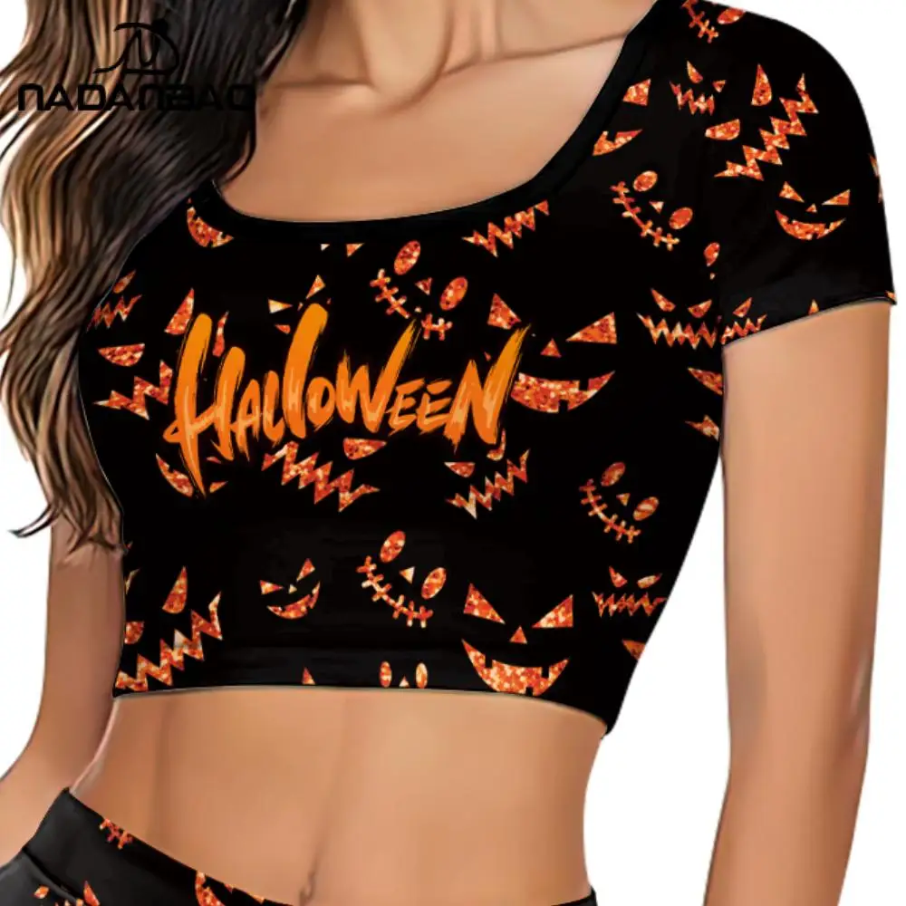 Nadanbao 3D Clown Face Print Crop Top Halloween Party Casual Women's Tops Summer Slim Short Sleeved Shirt Lady Soft Elastic Vest